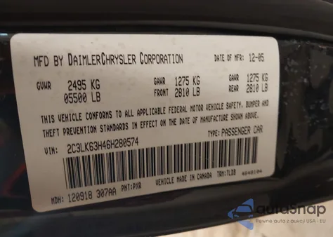 2006 Chrysler 300C from USA, damaged, VIN 2C3LK63H46H280574